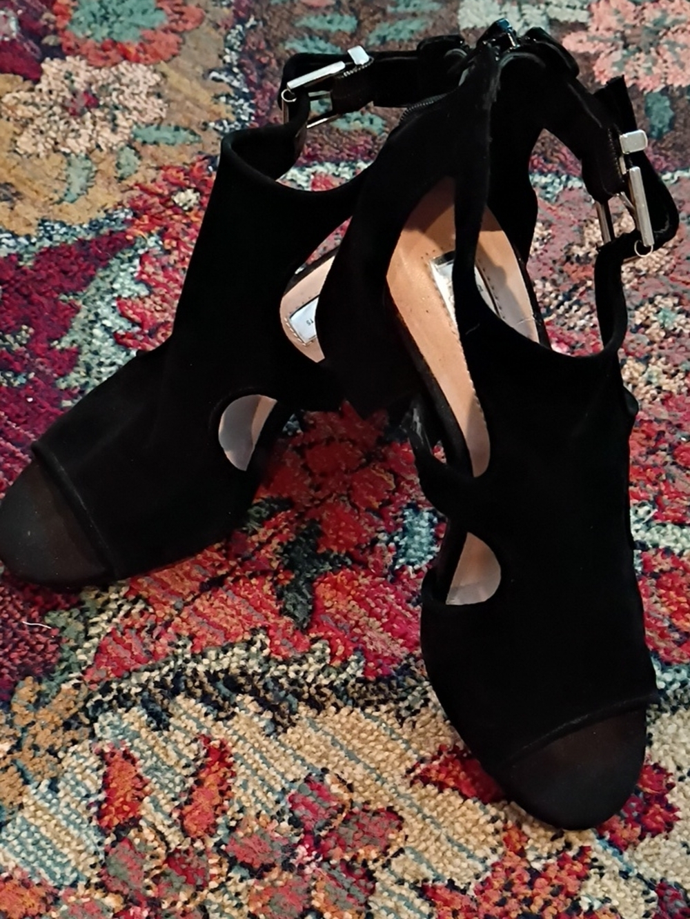INC International Concepts Black Suede Cutout Ankle Strap Block Heels